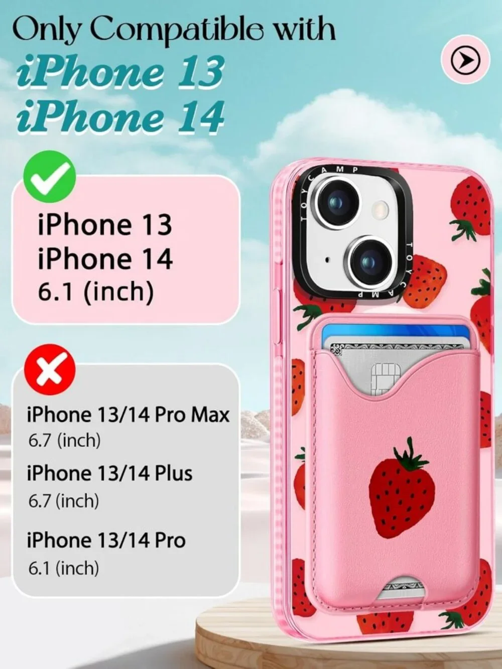 Cute Strawberry Design iPhone 14/13 Case - Magnetic Wallet, Kawaii Phone Cover